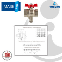 tecuro Kugelhahn mit Messfühleranschluss M10 x 1 mm, 3/4 Zoll IG/IG, MS-vernickelt, Flügelgriff