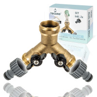 tecuro 2-Wege Y-Verteiler 3/4 Zoll mit 2 Absperrhähnen - für Auslaufventile Messing blank
