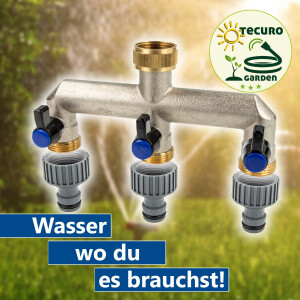 tecuro 3-Wege Verteilerstück 3/4 Zoll (DN 15) mit Steckkupplung, einzeln absperrbar, Messing vernickelt