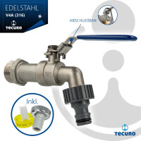 Edelstahl Kugelauslaufventil 3/4 Zoll mit passender Steckkupplung, Teflonband und Stahlhebel in blau - abschließbar,  V4A (316)