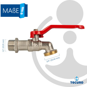 tecuro Kugelauslaufventil 1/2 Zoll mit passender Steckkupplung, Teflonband und Stahlhebel in rot, Messing vernickelt