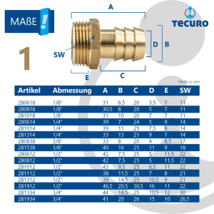 tecuro Sauger Schlauchstutzen-Schlauchtülle Ø 11,5 mm x Außengewinde G 1/2 Zoll - Messing blank
