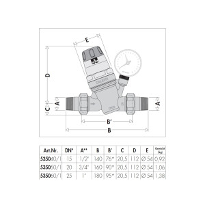 CALEFFI Druckminderer Typ 5350, voreinstellbar 1-6 bar, DN 15 bis DN 25, Messing