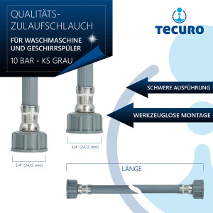 tecuro Zulaufschlauch 2,50 m, gerade, für Waschmaschine Geschirrspüler, 10 bar, KS-grau