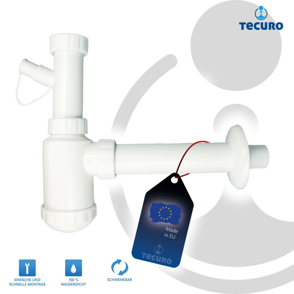 tecuro Flaschensiphon mit Geräteanschluss für Spülbecken Ausgussbecken, 1 1/2 Zoll - Kunststoff weiß