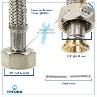 tecuro Edelstahl Verbindungsschlauch 1,50 m x 3/4 Zoll DN 13 - für Wasch- und Spülmaschinen, DVGW