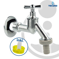 tecuro Auslaufventil 1/2 Zoll, Knebeloberteil, Schlauchtülle, Wandrosette, Dichtband - Messing mattverchromt
