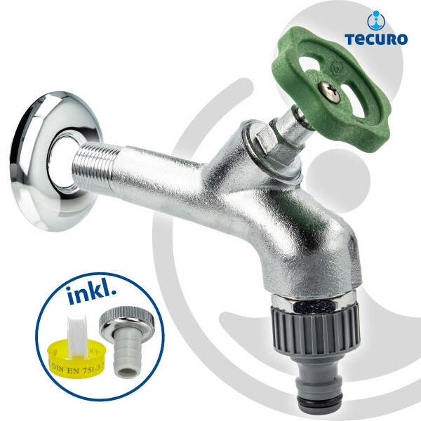 tecuro Auslaufventil 1/2 Zoll, Handrad-Oberteil, Steckkupplung, Wandrosette, Dichtband - Messing mattverchromt