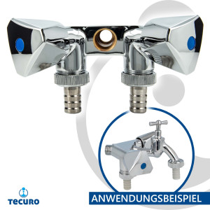 tecuro Doppel-Geräteventil mit 3 Abgängen - Messing hochglanzverchromt
