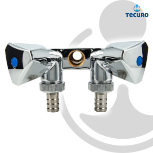 tecuro Doppel-Geräteventil mit 3 Abgängen, mit Schlauchtüllen, Messing hochglanzverchromt