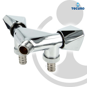 tecuro Doppel-Geräteventil mit 3 Abgängen, mit Schlauchtüllen, Messing hochglanzverchromt