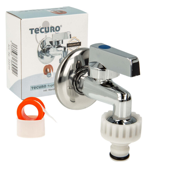 tecuro Mini-Kugelauslaufventil 1/2 Zoll x 3/4 Zoll inkl. Wandrosette, Messing-verchromt