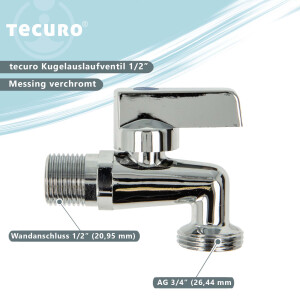 tecuro Mini-Kugelauslaufventil 1/2 Zoll x 3/4 Zoll inkl. Wandrosette, Messing-verchromt