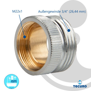 tecuro Aufnahme Adapter Übergangsstück M22 x 1 IG x 3/4 Zoll AG, Messing hochglanzverchromt