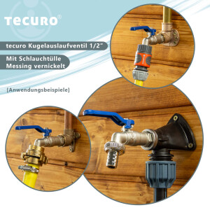 tecuro Kugelauslaufhahn Griff blau, 1/2 Zoll, mit Schlauchtülle, MS vernickelt