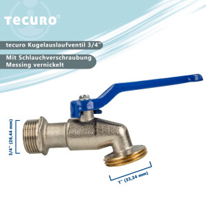 tecuro Kugelauslaufhahn Griff blau, 3/4 Zoll, mit Schlauchtülle, MS vernickelt