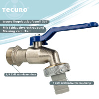 tecuro Kugelauslaufhahn Griff blau, 3/4 Zoll, mit Schlauchtülle, MS vernickelt