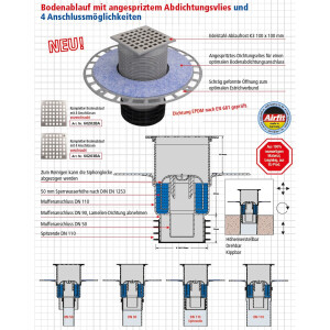 Airfit Profi-Plus Bodenablauf (Ablaufrost aufliegend) mit Dichtungsflansch DN 110/90/50 und Spitzende DN 110, 60202BA