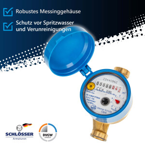 JS Zapfhahnzähler - Wasserzähler Kaltwasser, Länge 110 mm, 3/4 Zoll Anschlussgewinde, mit aktueller Eichung
