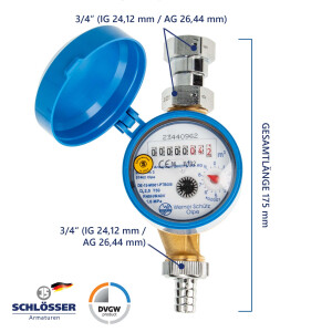 JS Zapfhahnzähler - Wasserzähler Kaltwasser, Länge 110 mm, 3/4 Zoll Anschlussgewinde, mit aktueller Eichung