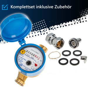 JS Zapfhahnzähler - Wasserzähler Kaltwasser, Länge 110 mm, 3/4 Zoll Anschlussgewinde, mit aktueller Eichung