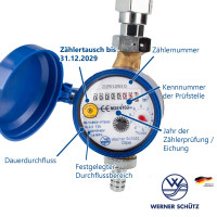 Schütz Zapfhahnzähler - Wasserzähler Kaltwasser, Länge 110 mm, 3/4 Zoll Anschlussgewinde, mit aktueller Eichung