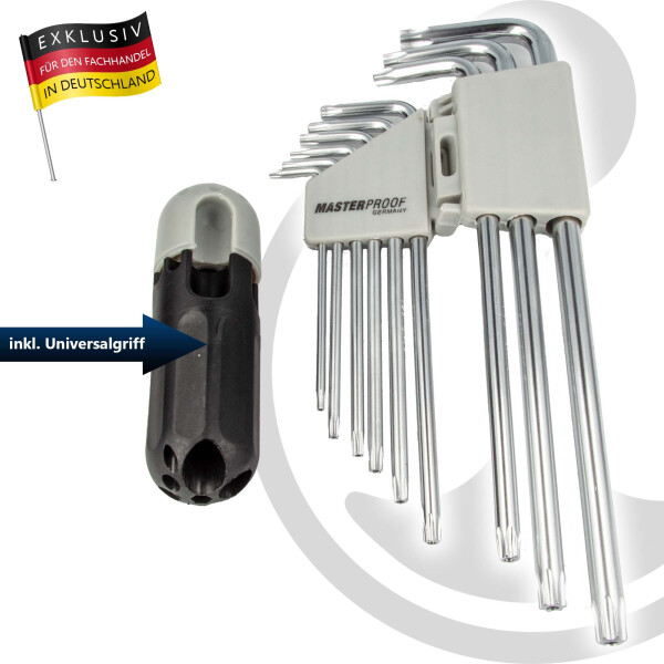 MASTERPROOF PROFESSIONAL TRX Stiftschlüsselsatz 9-tlg. T10 15 20 25 27 30 40 45 50 mit T-Halter, Chrom Vanadium