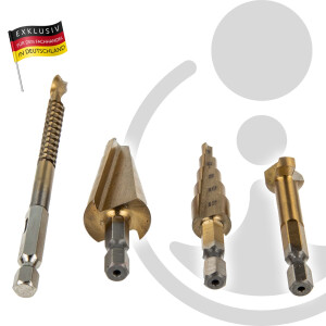 MASTERPROOF PROFESSIONAL Multifunktions-Bohrer Satz 4 teilig, Fräsbohrer, Stufenbohrer, Schälbohrer Kegelsenker, in Metallbox