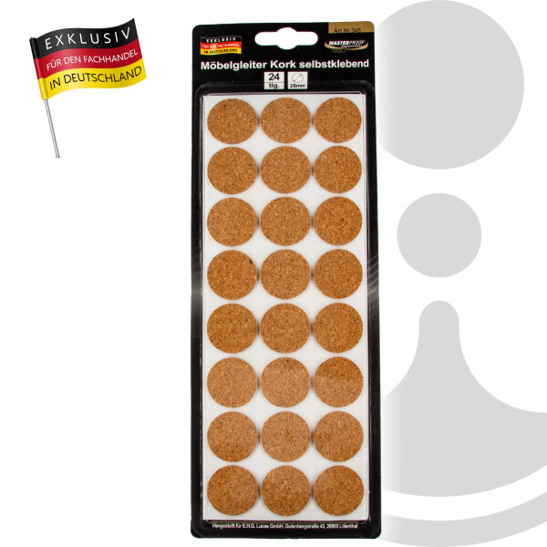MASTERPROOF PROFESSIONAL Möbelgleiter Ø 28 mm, Kork, selbstklebend 24 Stück