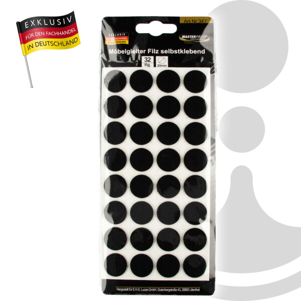 MASTERPROOF PROFESSIONAL Möbelgleiter Ø 20 mm, Filz schwarz, selbstklebend 32 Stück