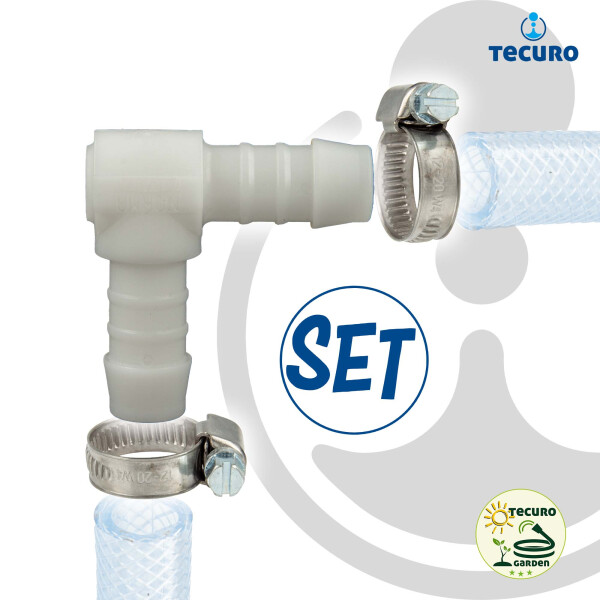 tecuro Schlauchverbinder 90° Winkel Ø 10 mm, mit Edelstahlschlauchschellen - Nylon weiß
