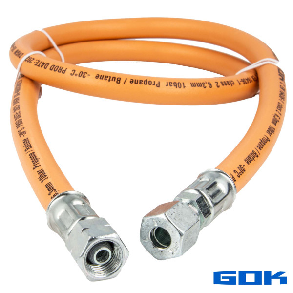 GOK Gummi - Schlauchleitung Gas G1/4 LH-ÜM x RVS Ø 8 mm, max. 10 bar DVGW