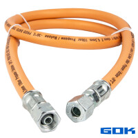 GOK Gummi - Schlauchleitung Gas G1/4 LH-ÜM x RVS Ø 8 mm, Länge 800 mm, max. 10 bar DVGW