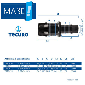 tecuro Schlauchverbinder reduziert Ø 14 mm x Ø 21 mm, mit Edelstahlschlauchschellen - Nylon schwarz