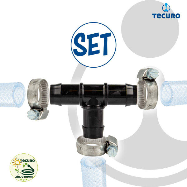 tecuro Schlauchverbinder T-Stück allseitig Ø 7 mm, mit Edelstahlschlauchschellen - Nylon schwarz
