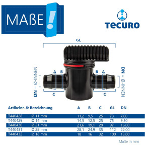 tecuro Schlauchverbinder mit Absperrhahn Ø 11 mm, mit Edelstahlschlauchschellen - Nylon schwarz