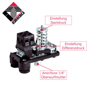 ITALTECINCA PM/5 Druckschalter 1 - 4,8 bar, 1/4 Zoll IG - 250V AC -10/16 A IP 44 - für Druckwasserkessel