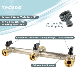 tecuro 3-Wege Verteiler 3/4 Zoll mit 3 x Kugelventil und Steckkupplungen, MS-vernickelt