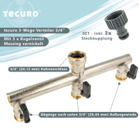 tecuro 3-Wege Verteiler 3/4 Zoll mit 3 x Kugelventil und Steckkupplungen, MS-vernickelt