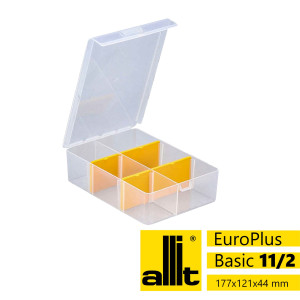 Allit Sortimentskasten EuroPlus Basic11/2-4, 2-6 Fächer,4 flexible Trennstege, 175 x 120 x 44 mm, transparent/gelb