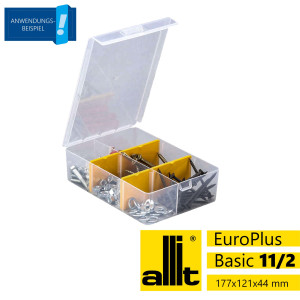 Allit Sortimentskasten EuroPlus Basic11/2-4, 2-6 Fächer,4 flexible Trennstege, 175 x 120 x 44 mm, transparent/gelb