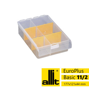 Allit Sortimentskasten EuroPlus Basic11/2-4, 2-6 Fächer,4 flexible Trennstege, 175 x 120 x 44 mm, transparent/gelb