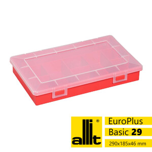 Allit Sortimentskasten EuroPlus Basic 29/9, 9 Fächer, feste Einteilung, 290 x 185 x 46 mm, transparent/rot