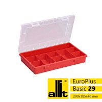 Allit Sortimentskasten EuroPlus Basic 29/9, 9 Fächer, feste Einteilung, 290 x 185 x 46 mm, transparent/rot