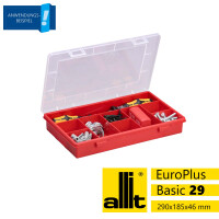 Allit Sortimentskasten EuroPlus Basic 29/9, 9 Fächer, feste Einteilung, 290 x 185 x 46 mm, transparent/rot