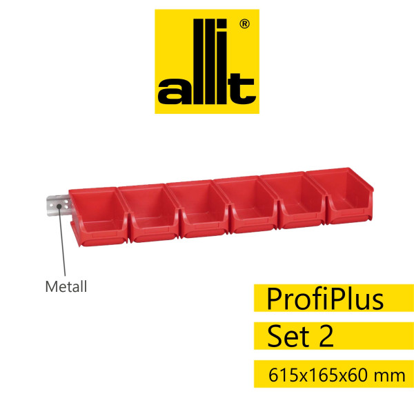 Allit Sichtlagerkasten-Set ProfiPlus 2/7, Metallschiene mit 6 Kagerkästen Größe 2, rot
