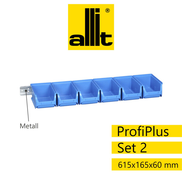 Allit Sichtlagerkasten-Set ProfiPlus 2/7, Metallschiene mit 6 Kagerkästen Größe 2, blau