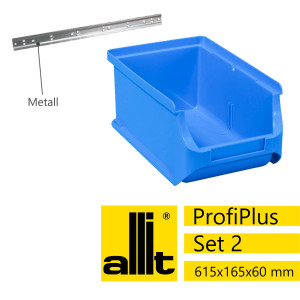 Allit Sichtlagerkasten-Set ProfiPlus 2/7, Metallschiene mit 6 Kagerkästen Größe 2, blau
