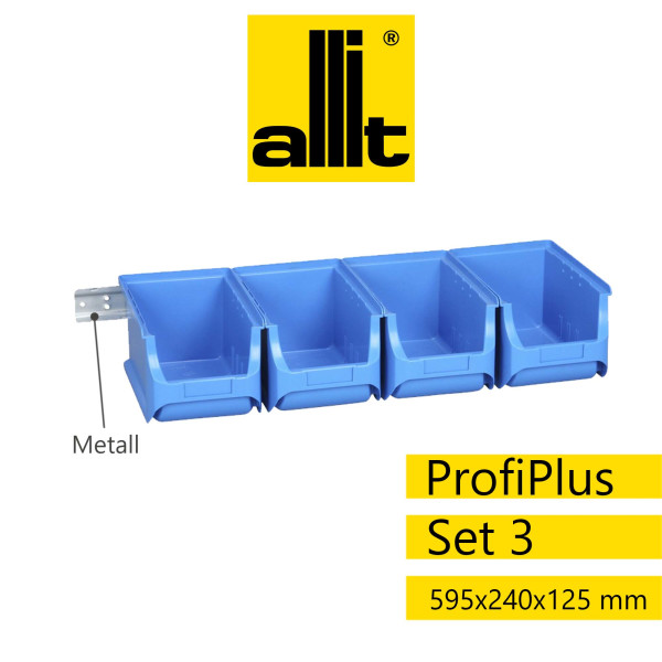 Allit Sichtlagerkasten-Set ProfiPlus 3/5, Metallschiene mit 4 Kagerkästen Größe 3, blau