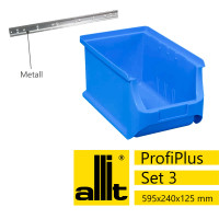 Allit Sichtlagerkasten-Set ProfiPlus 3/5, Metallschiene mit 4 Kagerkästen Größe 3, blau